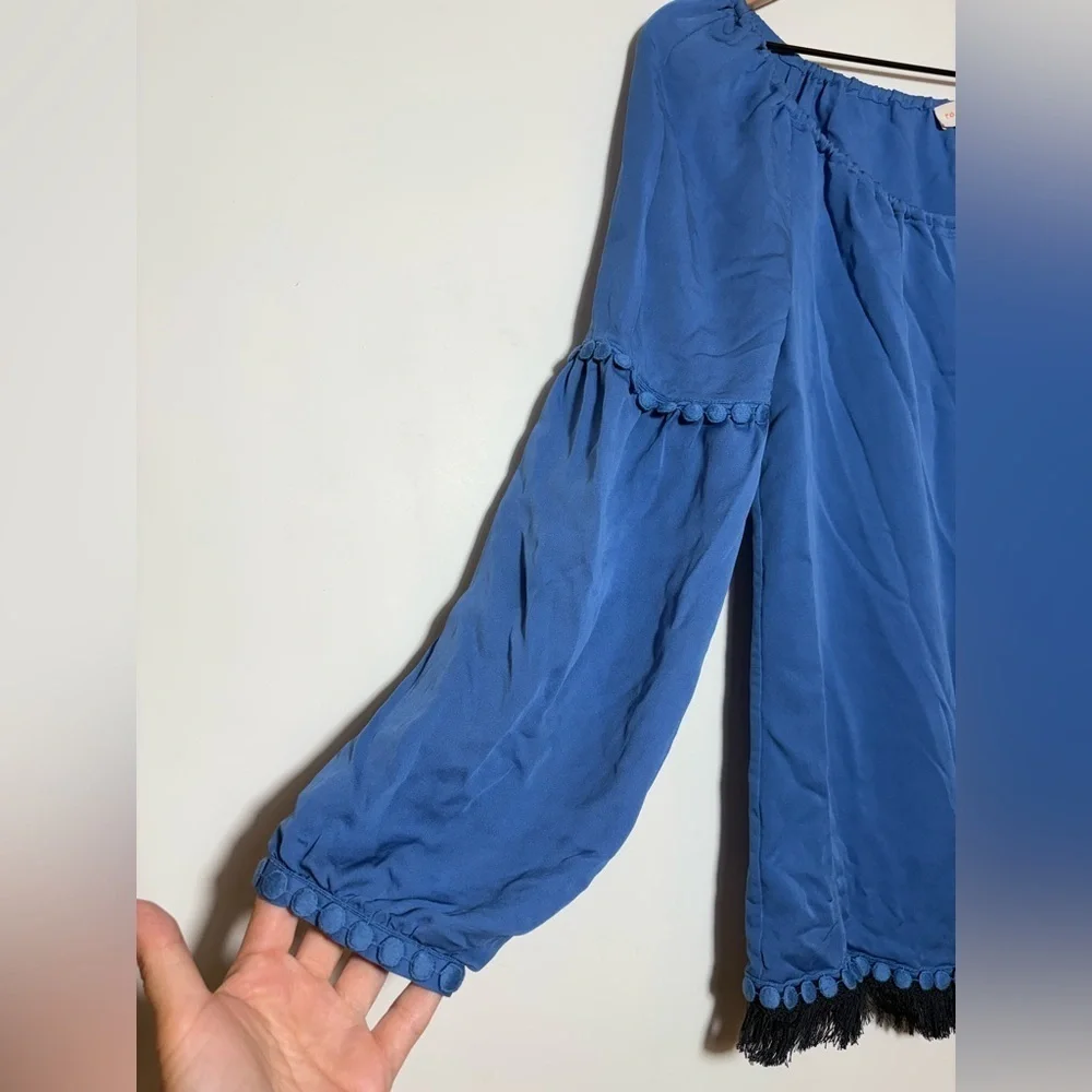 TORY BURCH Blue Silk Fringe Long Sleeves SYLVIE Blouse Size 4 $325